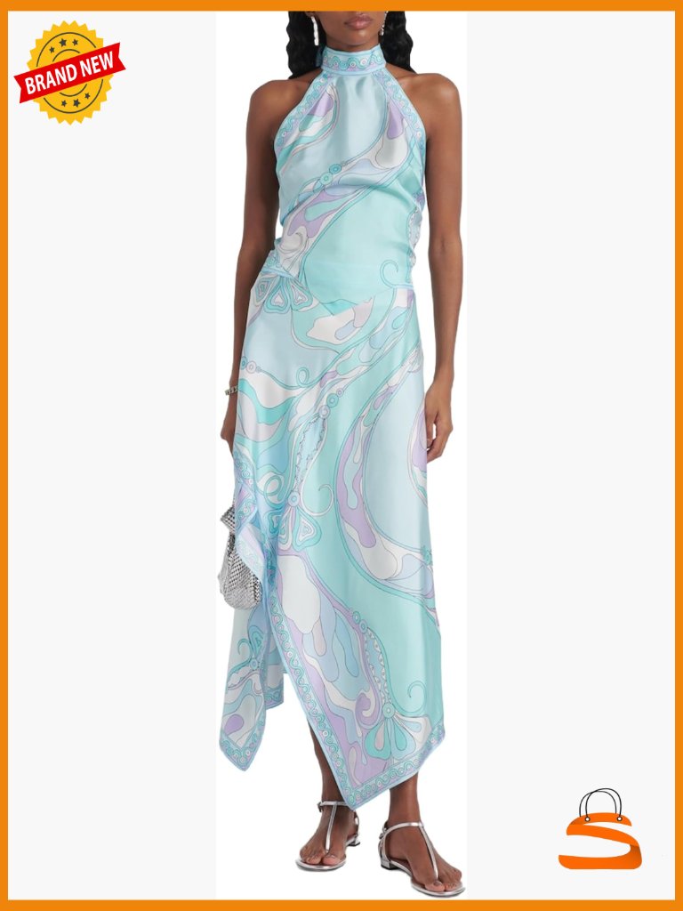 Satin Halter Top & Maxi Skirt Set Boho Printed 2 Piece Vacation Outfit